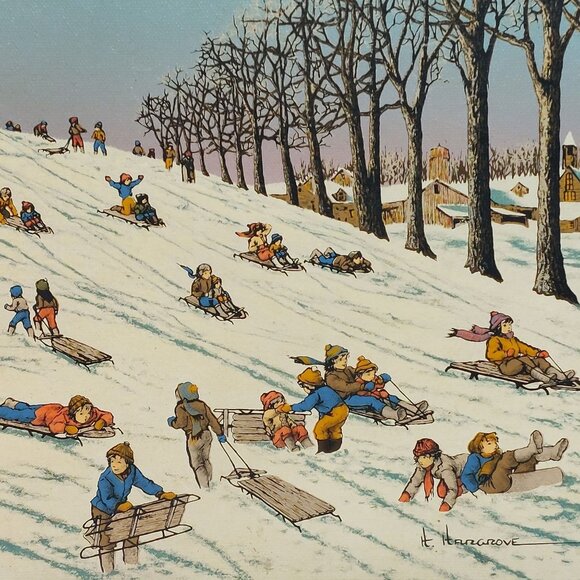 Vintage H. Hargrove Winter Scene Print – Sledding Children – Rustic Wood Frame 1 - Picture 2 of 6